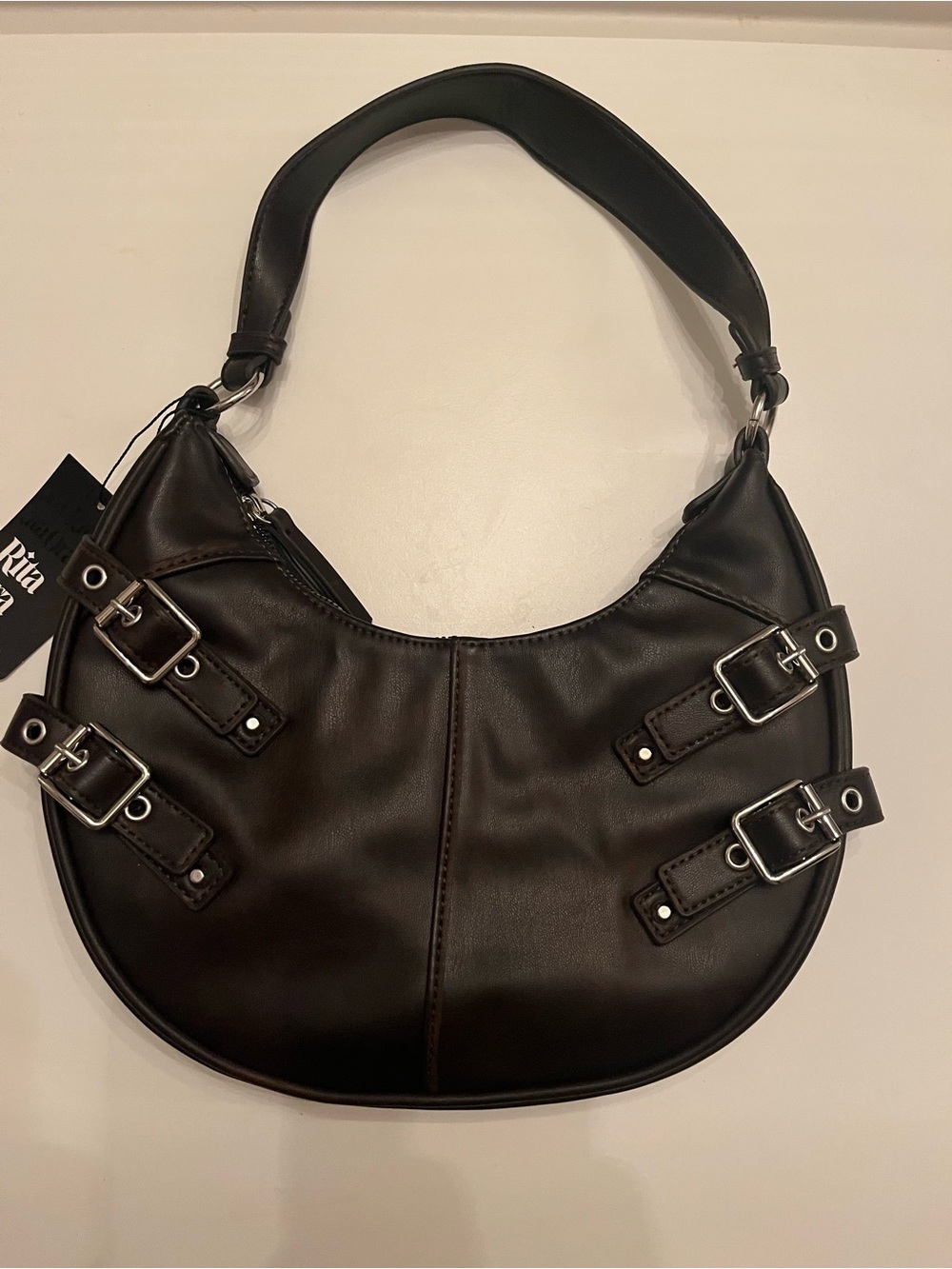 Brown Buckle Detail Hobo Shoulder Bag with crossbody strap